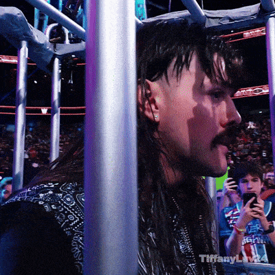 a man with long hair and a mustache is behind a metal fence with tiffany written on the bottom right