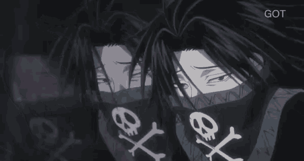 a group of anime characters with skulls and crossbones on their shirts are standing next to each other .