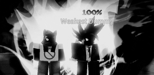 a black and white drawing of a cat and a man with the words 100 % weakest dummy above them