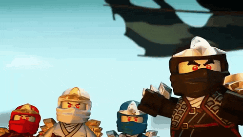 a group of lego ninjago characters are standing together