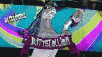 a picture of a unicorn with a banner that says buttstallion on it