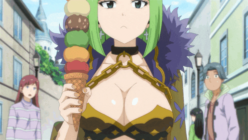 a woman with green hair is holding an ice cream cone with different flavors on it