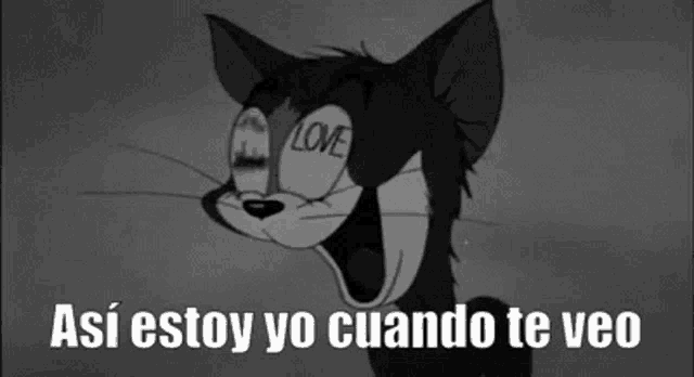 a black and white cartoon cat with love written on its eyes