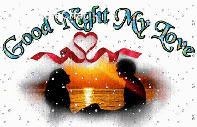 a couple sitting on a beach with the words good night my love written above them