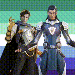 two men in armor are standing next to each other in front of a colorful background .