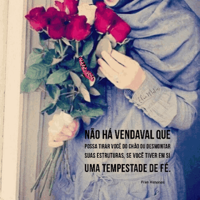 a woman holding a bouquet of red roses with a quote from fran ximenes