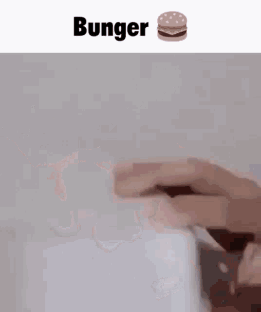 a person is holding a hamburger in their hand and the word bunger is above it