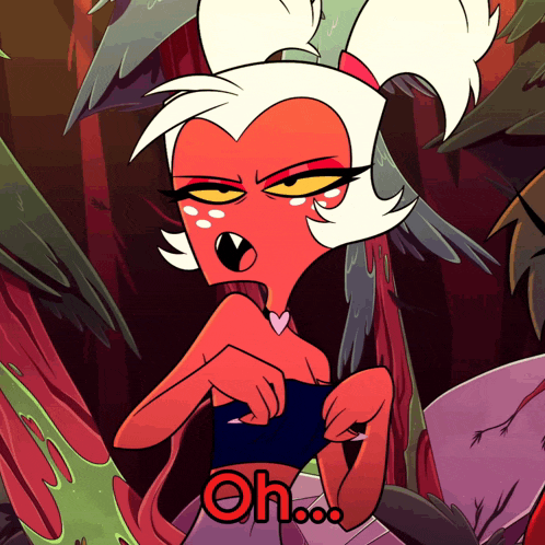 a cartoon character with a heart on her chest says " oh "
