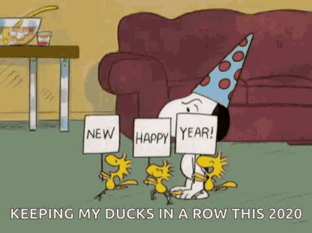 a cartoon of snoopy and woodstock holding signs that say `` new happy year ! ''