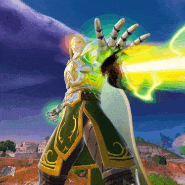 a man in a green and gold outfit is holding a yellow object