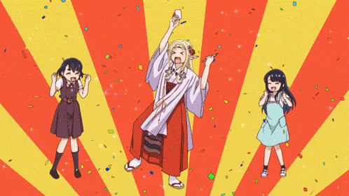 three anime characters are standing in front of a yellow and red background