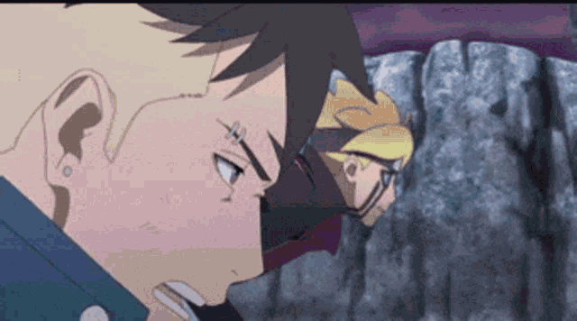 a couple of anime characters are standing next to each other and one has a tattoo on his forehead .