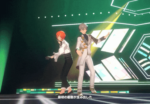 two anime characters are dancing on a stage with chinese writing on the bottom