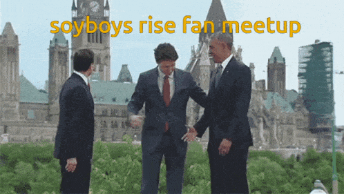 three men in suits are standing in front of a clock tower and the words soyboys rise fan meetup
