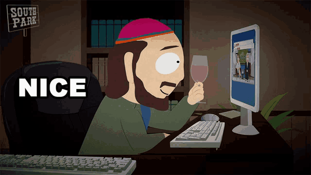 a cartoon of a man holding a glass of wine in front of a computer screen that says " nice "