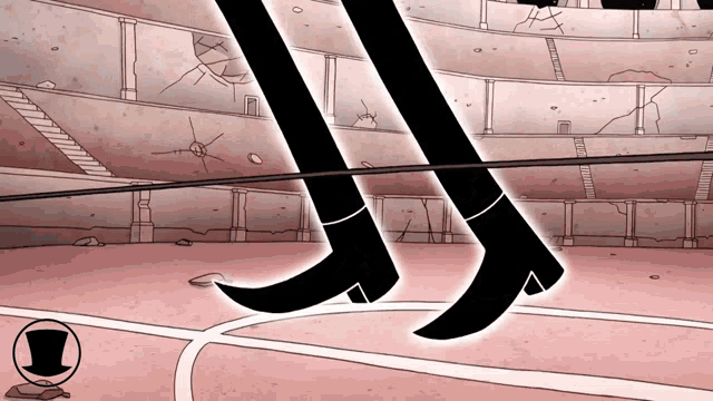 a cartoon drawing of a person 's legs with a top hat in the background