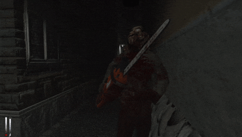 a video game character is holding a chainsaw in a dark hallway