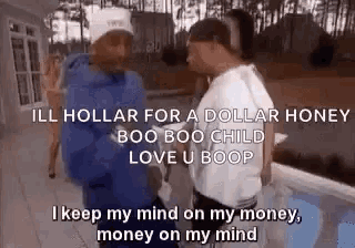 two men are standing next to each other on a balcony and talking about money .