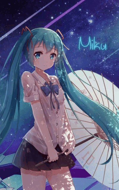 a girl with long blue hair is holding an umbrella and has the name miku written on the bottom