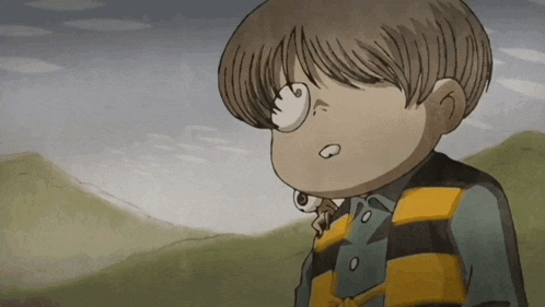 a cartoon character with a big eye and a striped shirt stands in a field