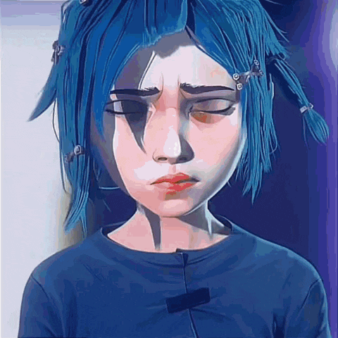 a girl with blue hair is wearing a blue shirt and making a sad face with her eyes closed .