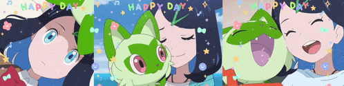 a collage of three anime characters with the words happy day written on the bottom