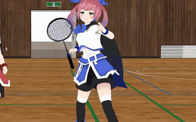 a girl with pink hair is holding a tennis racquet on a court