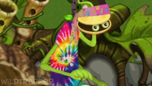 a cartoon of a frog wearing a tie dye shirt and a hat says wild trapper