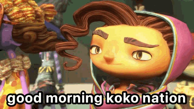 a cartoon character says " good morning koko nation " in a pink hoodie