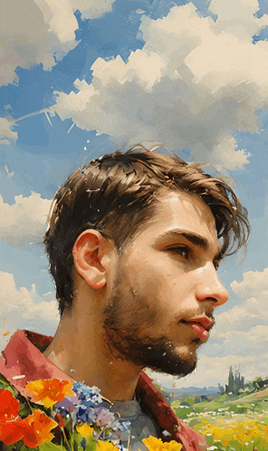 a painting of a man with a beard holding flowers