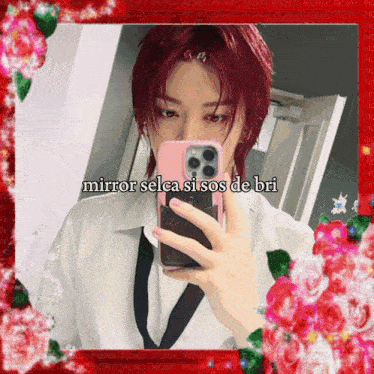 a picture of a person taking a selfie with the words mirror selca si sos de bri on the bottom