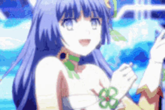 a girl with purple hair and a sunflower around her neck is holding a microphone .