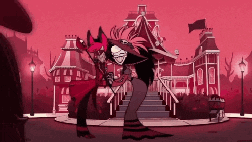 a couple of cartoon characters are dancing in front of a large building .