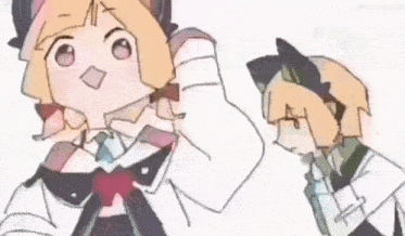 a couple of anime characters are standing next to each other and one is giving a thumbs up .