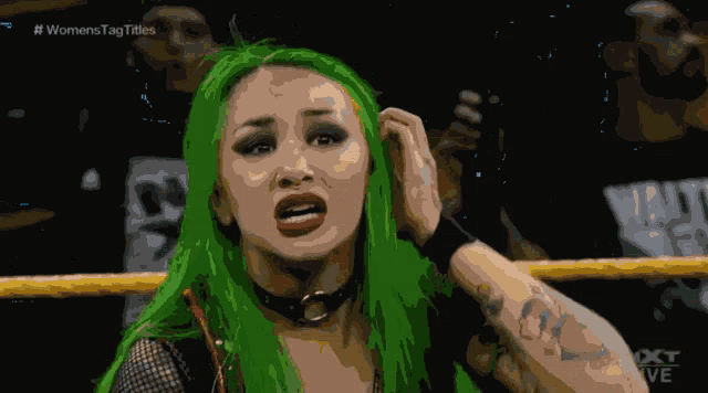 a drawing of a woman with green hair and the words womens tag titles at the top
