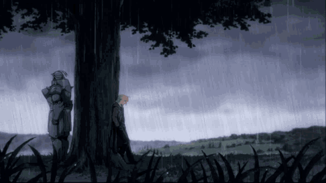a man leaning against a tree in the rain with two other men
