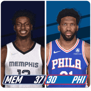 two basketball players from memphis and philadelphia are shown