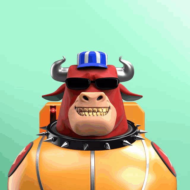 a cartoon bull wearing sunglasses and a hat with the letter n on it