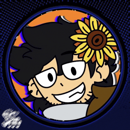 a cartoon character has a sunflower in his hair