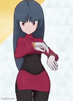 a girl in a red sweater and black tights is standing in front of a yellow and white background .