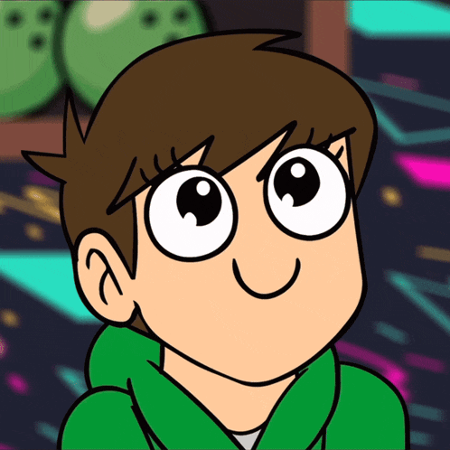 a cartoon character with big eyes and a green hoodie is smiling