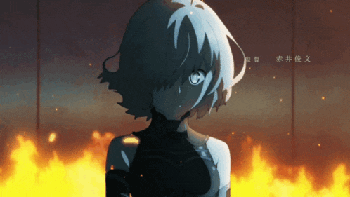 a girl is standing in front of a fire with chinese writing on it