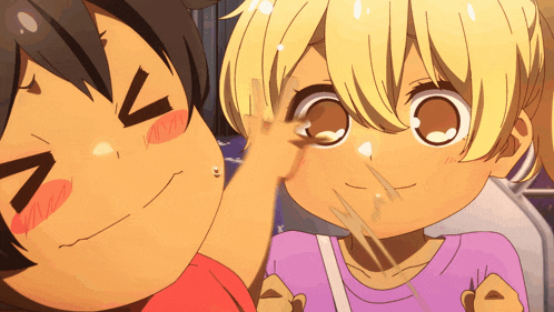 a cartoon character with the letter v on his face is being touched by another character