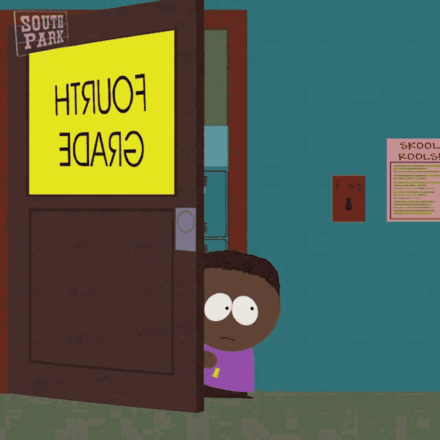 a south park cartoon shows a boy peeking out from behind a door