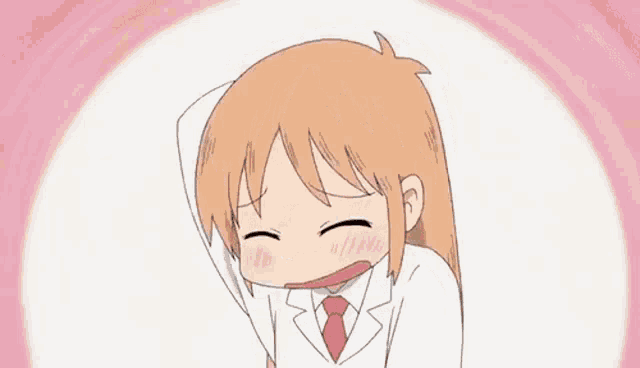 a cartoon girl in a white coat and red tie is yawning and stretching her arms .