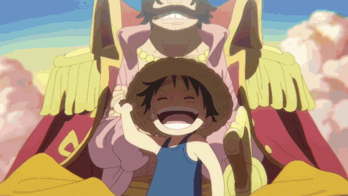 monkey d luffy is smiling in front of a man in a red coat