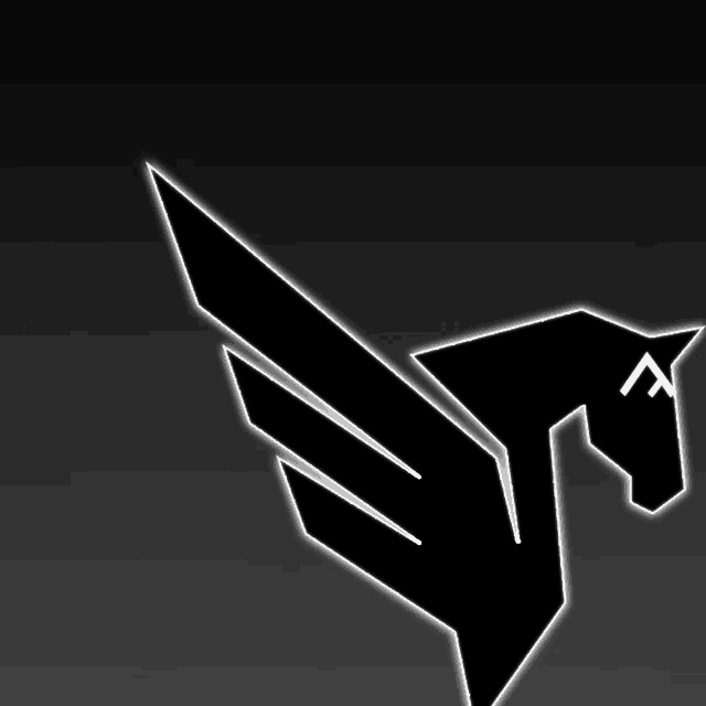 a black and white drawing of a horse with wings on a black background