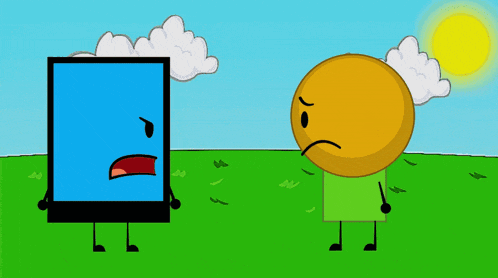 a blue square and an orange ball are standing in a field