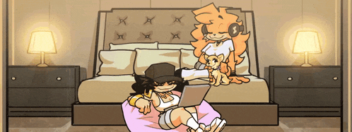 a couple of cartoon characters laying on a bed with a laptop