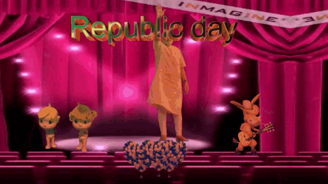 a statue of a man stands on a stage with the words republic day written above him